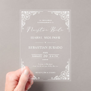 Verzierte Nuestra Boda Hochzeit Acryleinladungen