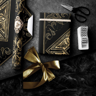 Verzierte Opulenz   Schwarz-Gold-Juwelen-Blüh Geschenkpapier