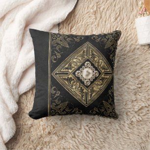 Verzierte Opulenz Schwarz-Gold-Juwelen-Blüh Kissen