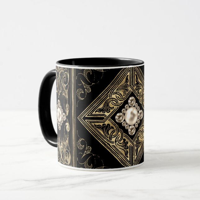 Verzierte Opulenz | Schwarz-Gold-Juwelen-Blüh Tasse (Vorderseite Links)