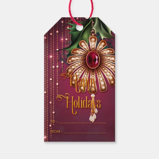 Verzierte Ornamente und Grüne Happy Holidays Geschenkanhänger (Vorderseite)