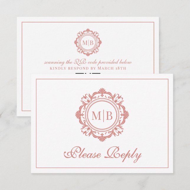 Verzierte Rose-Monogramm-Hochzeit RSVP Karte (Vorne/Hinten)
