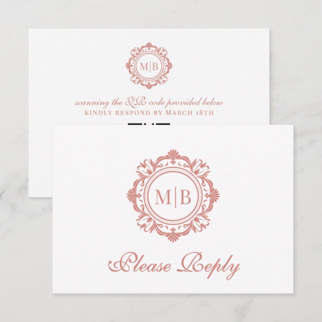 Verzierte Rose-Monogramm-Hochzeit RSVP Karte (Vorne/Hinten)