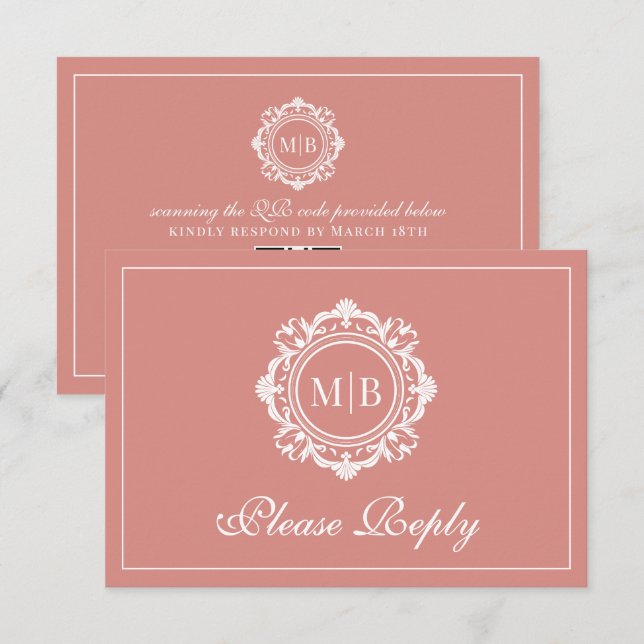 Verzierte Rose-Monogramm-Hochzeit RSVP Karte (Vorne/Hinten)