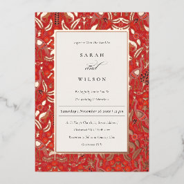 Verzierte Rot-Klasse-Blumenpfauengoldene Hochzeit Folieneinladung