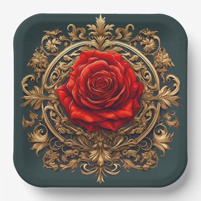 Verzierte Rote Rose mit goldbarocken Rahmen Pappteller (Vorderseite)