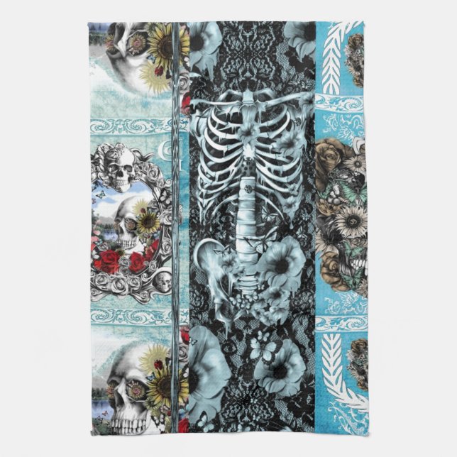 Verzierte Schädelcollage Geschirrtuch (Vertikal)