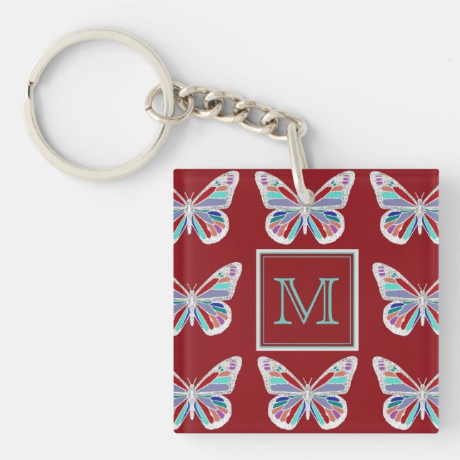 Verzierte Schmetterlinge Burgunder Muster Monogram Schlüsselanhänger (Vorderseite)