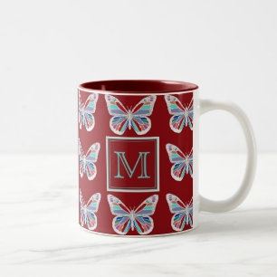 Verzierte Schmetterlinge Burgunder Muster Monogram Zweifarbige Tasse