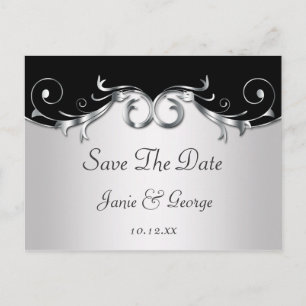 Verzierte Schwarz-Silber-Wirbel Save the Date Ankündigungspostkarte