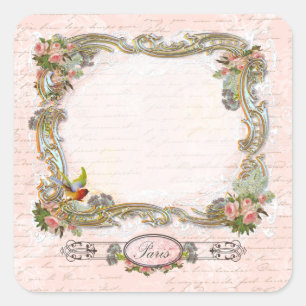 Verzierte Scrolls Französisch schreiben rosa Rosen Quadratischer Aufkleber