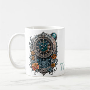 Verzierte Steampunk-Uhr mit Rose. Kaffeetasse
