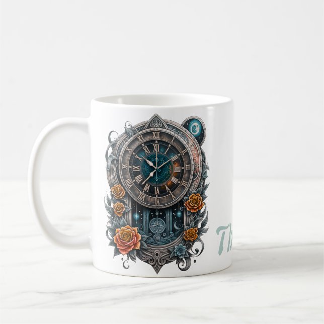 Verzierte Steampunk-Uhr mit Rose. Kaffeetasse (Links)