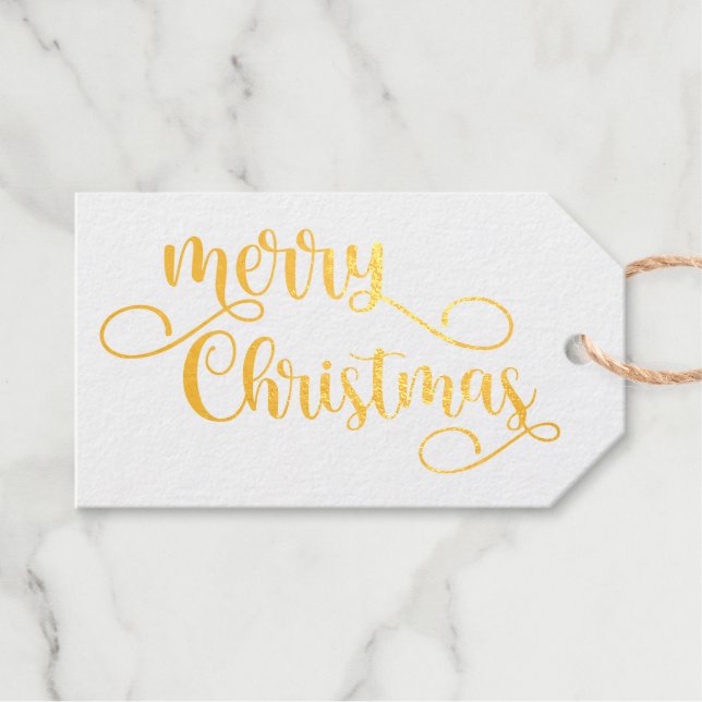 Verzierte Typografie Frohe Weihnachts-Rot-Gold Geschenkanhänger (Vorderseite (Horizontal))