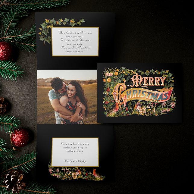 Verzierte Viktorianische Weihnachtsgrüße und Blume Dreifach Gefaltete Urlaubskarte (Von Creator hochgeladen)