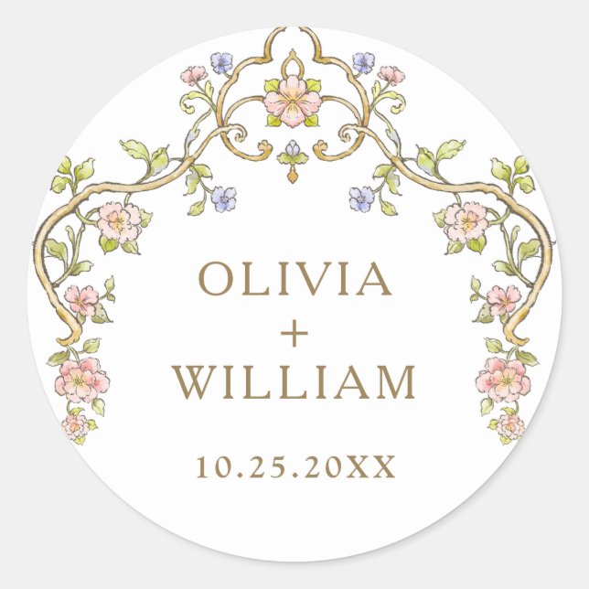 Verzierte Vintage Rahmen Bohemische Blume Hochzeit Runder Aufkleber (Vorderseite)