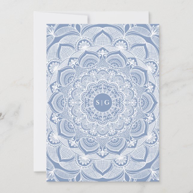Verzierte Weißblütenleine dusty blue mandala Einladung (Vorderseite)