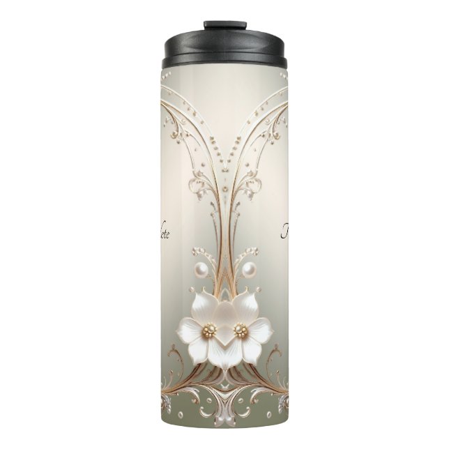 Verzierte weiße Blumenmuster Thermosbecher (Vorderseite)