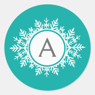 Verzierte White Snowflake Monogram auf Aquamarin Runder Aufkleber
