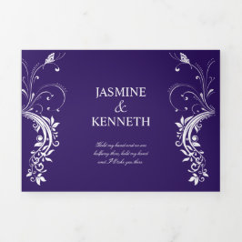 Verzierte Wirbel mit weißer Blüte auf Lila Hochzei Dreifach Gefaltete Einladung