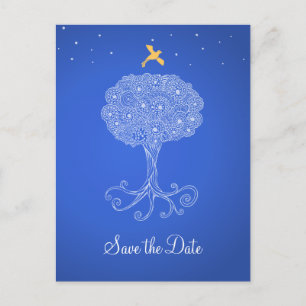 Verzierter Baum des Leben-Blaus Save the Date Ankündigungspostkarte
