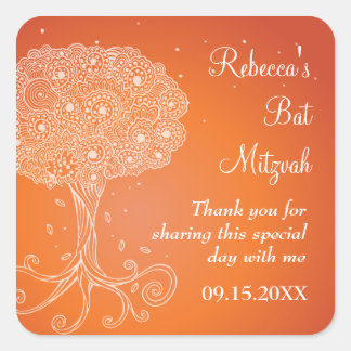 Verzierter Baum Orange Bat Mitzvah Quadratischer Aufkleber