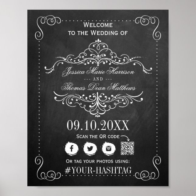 Verzierter Blüh-Chalkboard-Empfang Poster (Vorne)