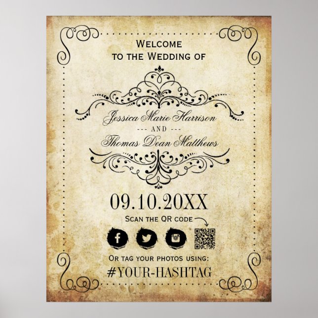 Verzierter Blüh Vintage Wedding Willkommen Poster (Vorne)