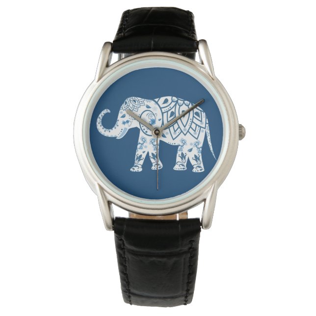 Verzierter Gemusterter Blauer Elefant Armbanduhr (Vorderseite)