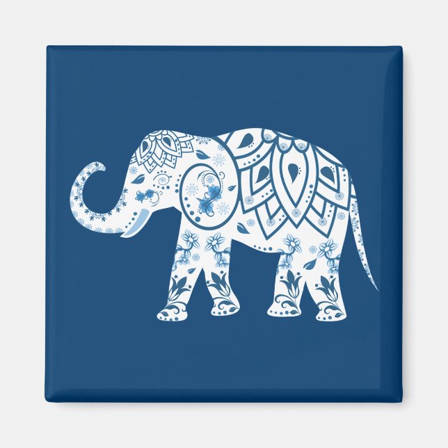 Verzierter Gemusterter Blauer Elefant Magnet (Vorne)
