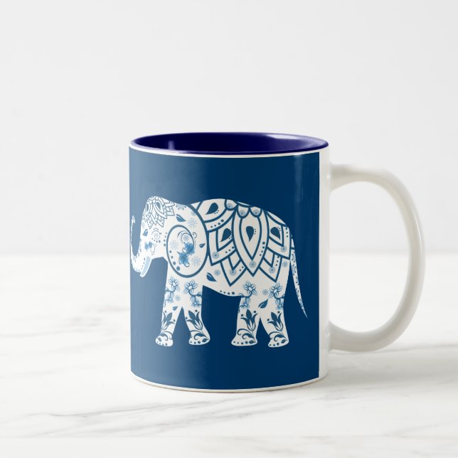 Verzierter gemusterter blauer Elefant Zweifarbige Tasse (Rechts)