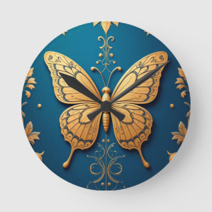 Verzierter goldener Schmetterling mit Blumenmuster Runde Wanduhr