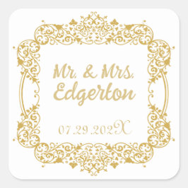 Verzierter Goldrahmen-Hochzeitsplatz Quadratischer Aufkleber