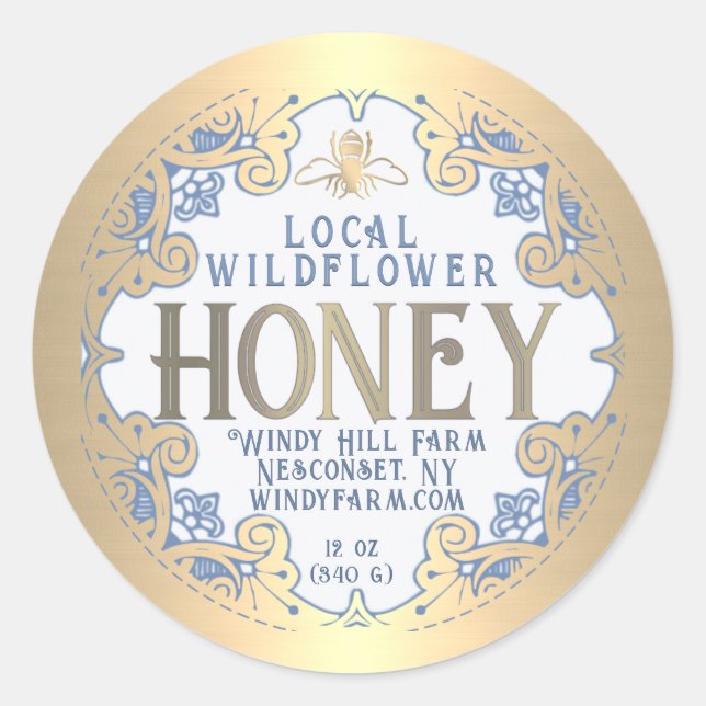 Verzierter Goldrahmen mit Honigbeeren und Blume Runder Aufkleber (Vorderseite)