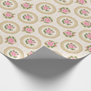 Verzierter Goldrahmen und rosa Rosen Geschenkpapier