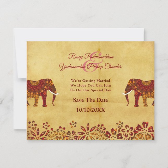 Verzierter indischer Elefant Rustikal Save the Dat Date (Vorderseite)