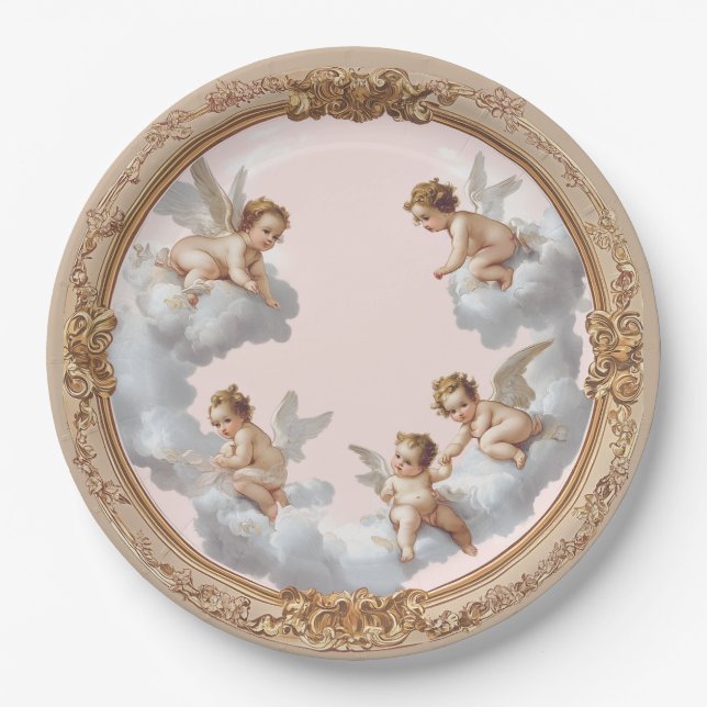 Verzierter Rokoko Cherub Pink Cloud Party Plate Pappteller (Vorderseite)