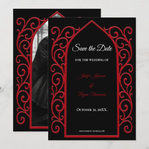 Verzierter schwarzer und roter Hochzeit-Save-the-D Ankündigung