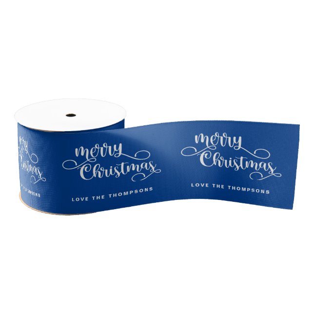 Verzierter Script Name White Blue Frohe Weihnachte Ripsband (Spule)
