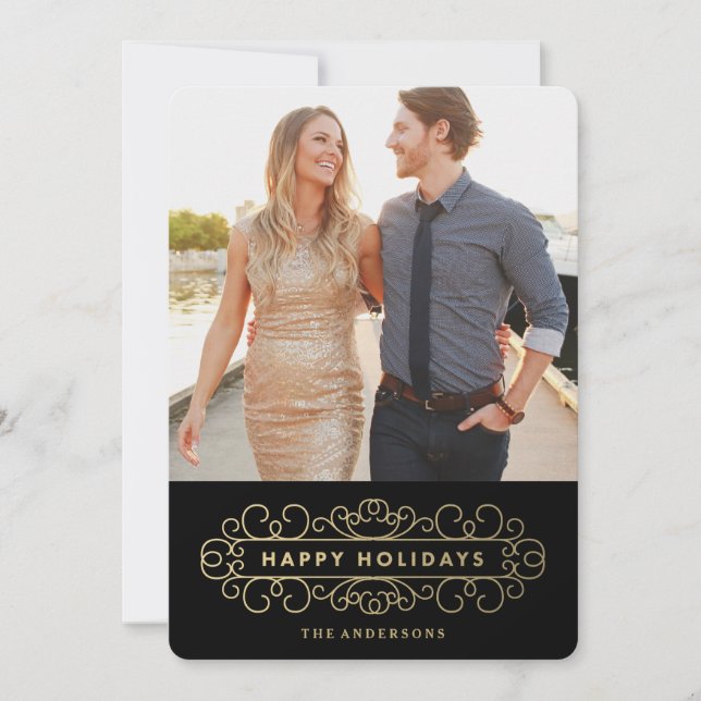 Verzierter Urlaub in Schwarz Feiertagskarte (Vorderseite)