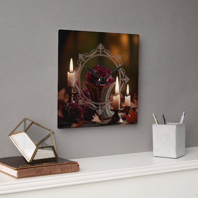 Verzierter Viktorianischer Spiegel Lila Rose Kerze Quadratische Wanduhr (Büro)