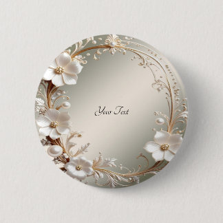 Verzierter weißer Blumenrahmen-Button Button