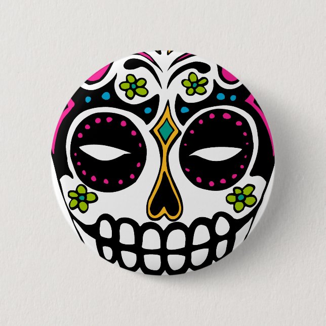 Verzierter Zuckerschädel Button (Vorderseite)
