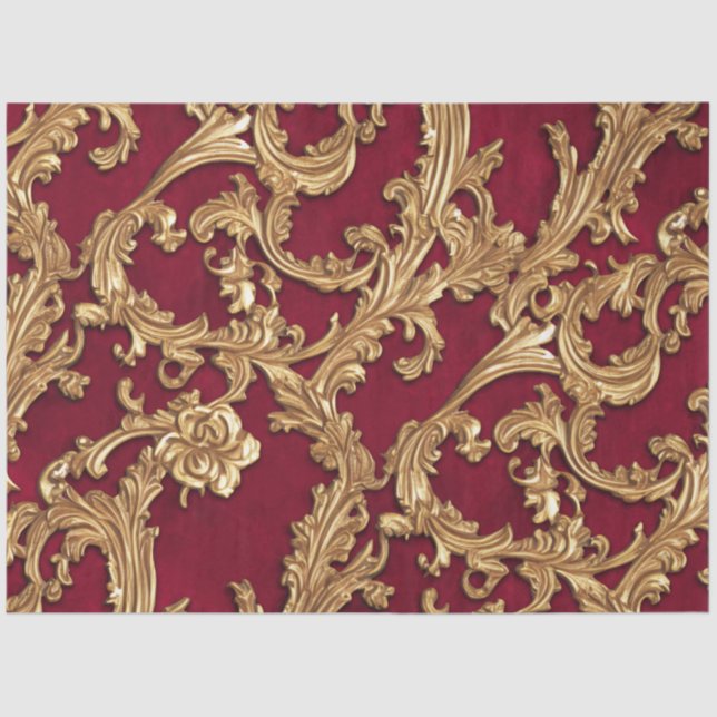 Verziertes Barock Golden Floral Damask Rotes Velve Seidenpapier (Vorderseite)