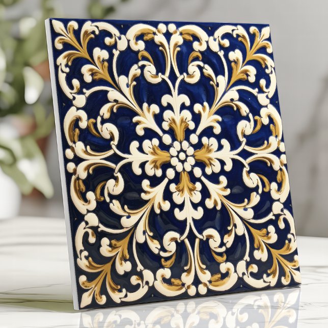 Verziertes Blau und Gold-Scrollwork Fliese (Von Creator hochgeladen)