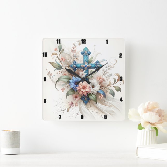 Verziertes Blau- und Goldkreuz Quadratische Wanduhr (Zuhause)