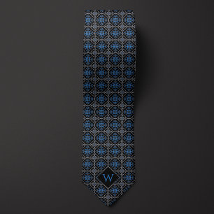 Verziertes Blau und Schwarzes Arabesken Monogramm Krawatte