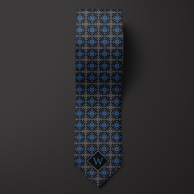 Verziertes Blau und Schwarzes Arabesken Monogramm Krawatte (Von Creator hochgeladen)