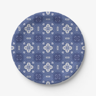 Verziertes blau-weißes Blumenfliesenmuster  Pappteller