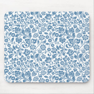 Verziertes blau-weißes Blumenrankenmuster Mousepad